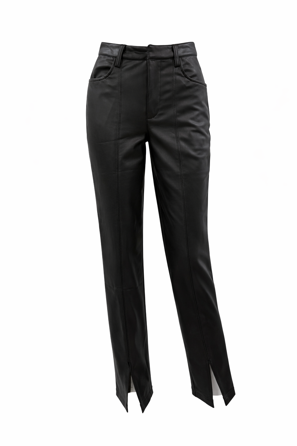 Women's Leather High-Waisted Split Hem Trousers in Black