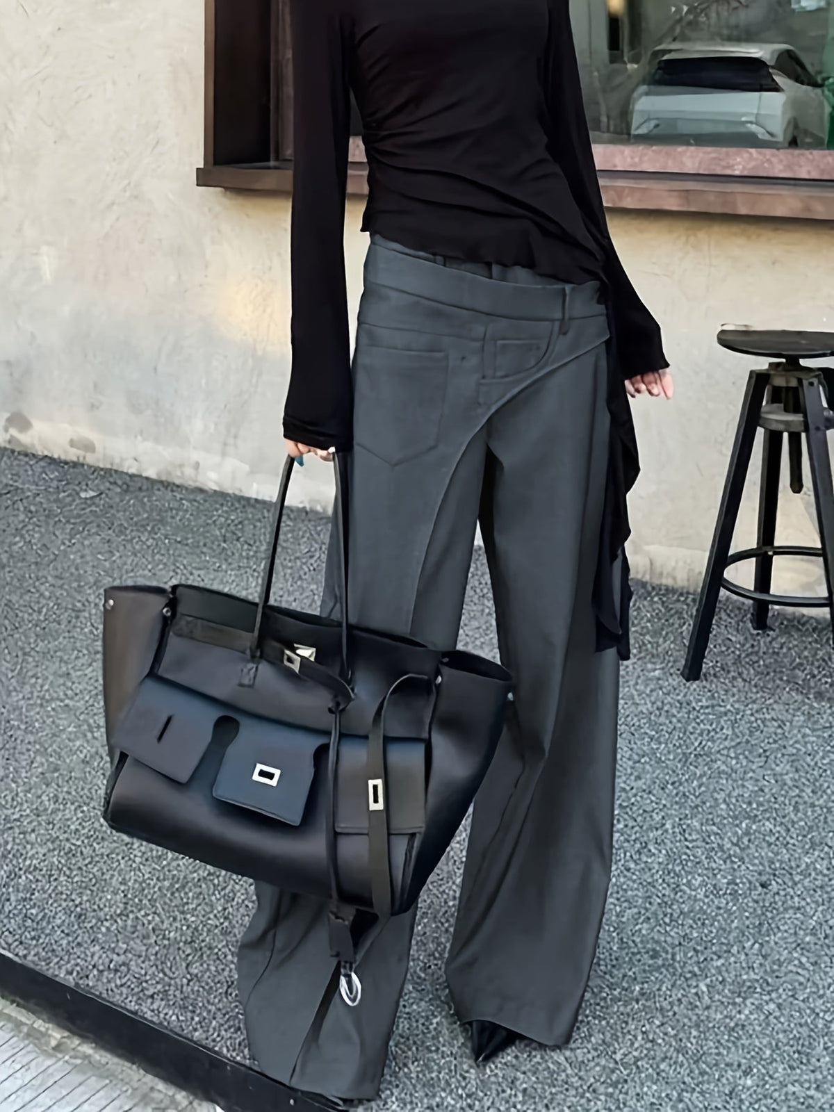 Women's Asymmetric Layered Wide-Leg Trousers in Dark Grey