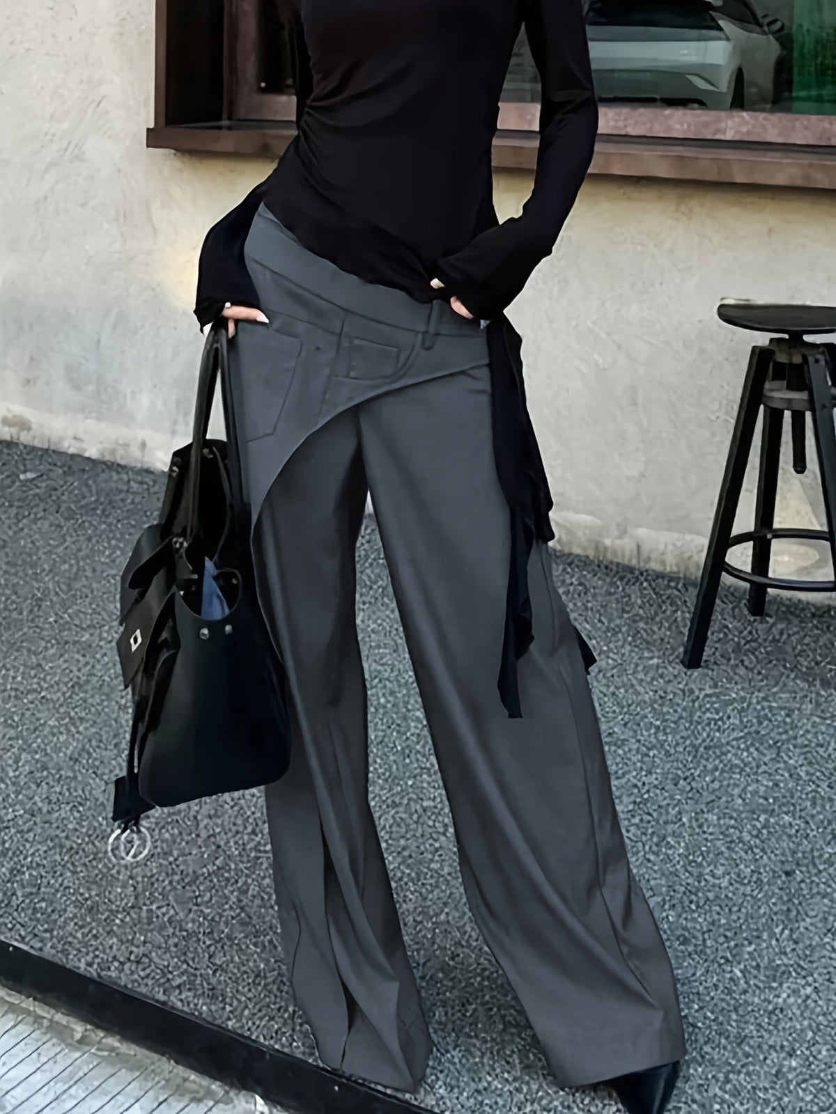 Women's Asymmetric Layered Wide-Leg Trousers in Dark Grey