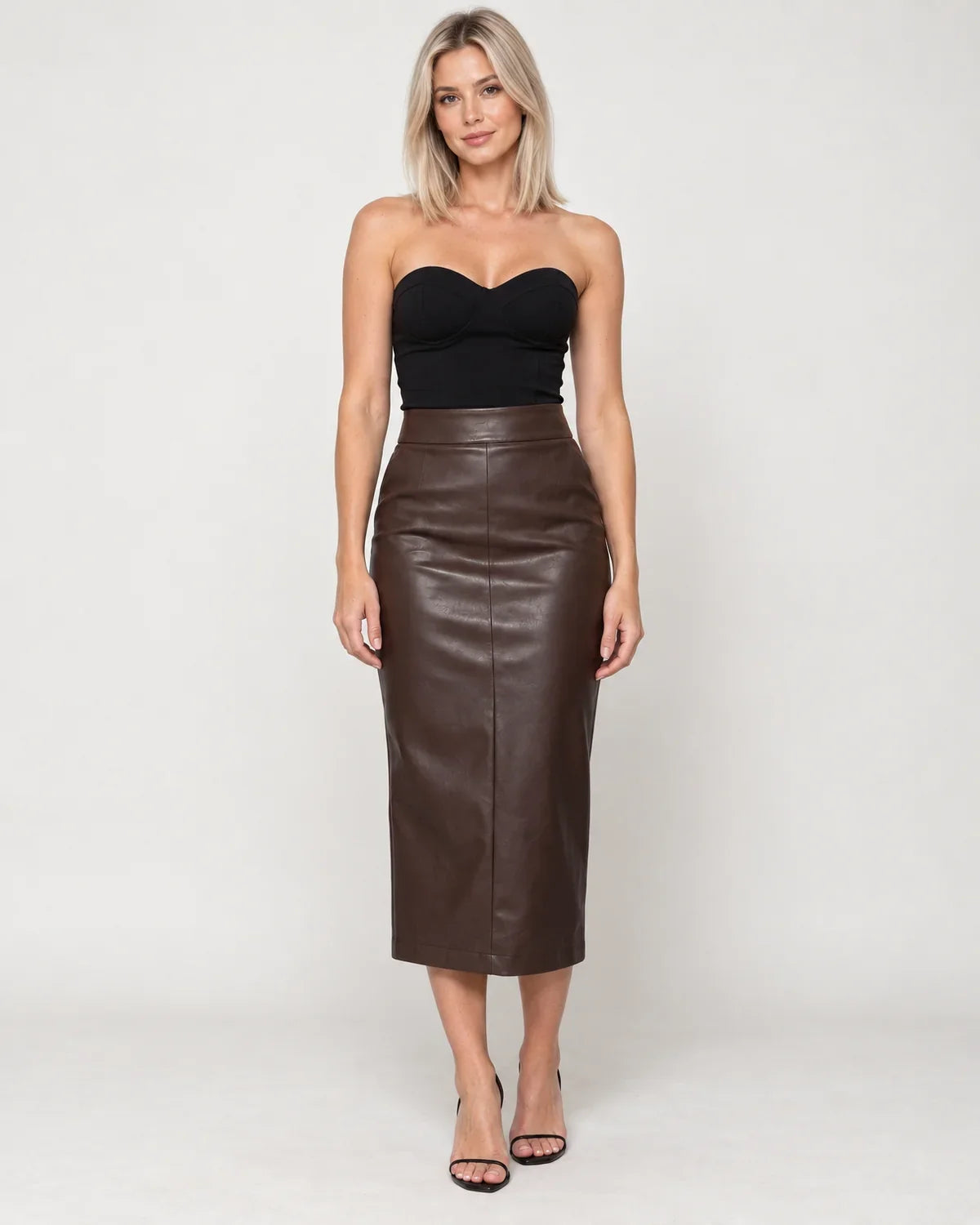 Women's High-Waisted Faux Leather Midi Pencil Skirt