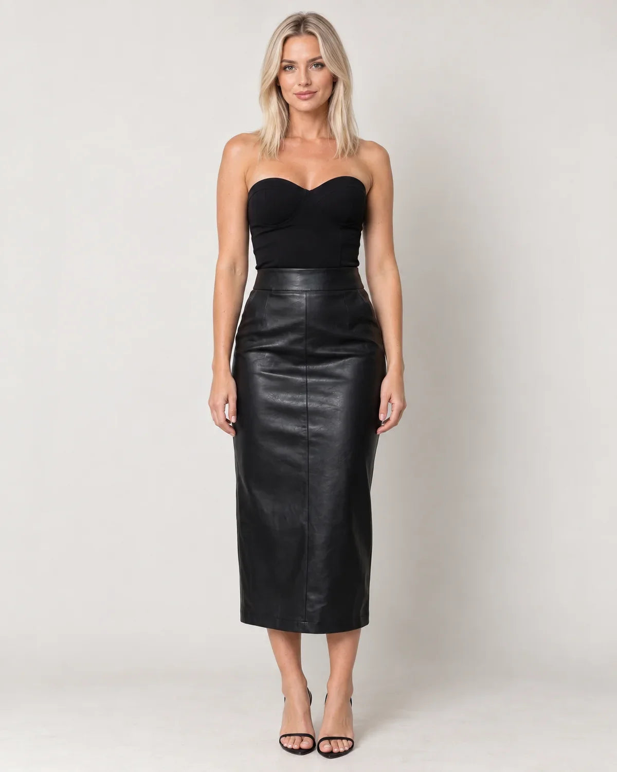 Women's High-Waisted Faux Leather Midi Pencil Skirt