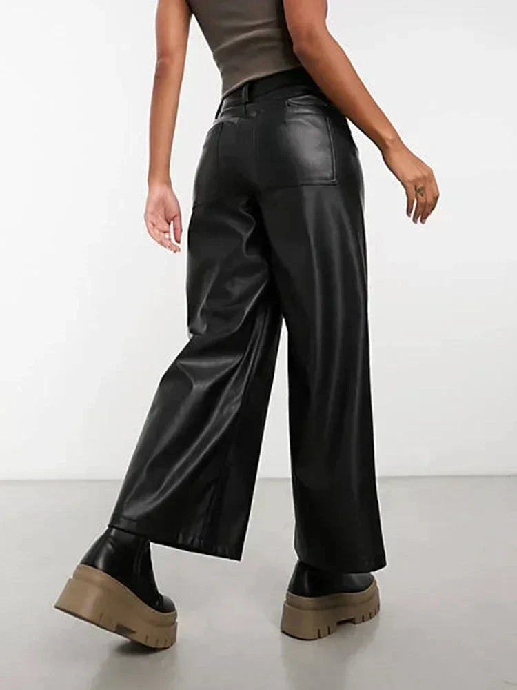 Women's Leather High-Waisted Wide-Leg Trousers in Black