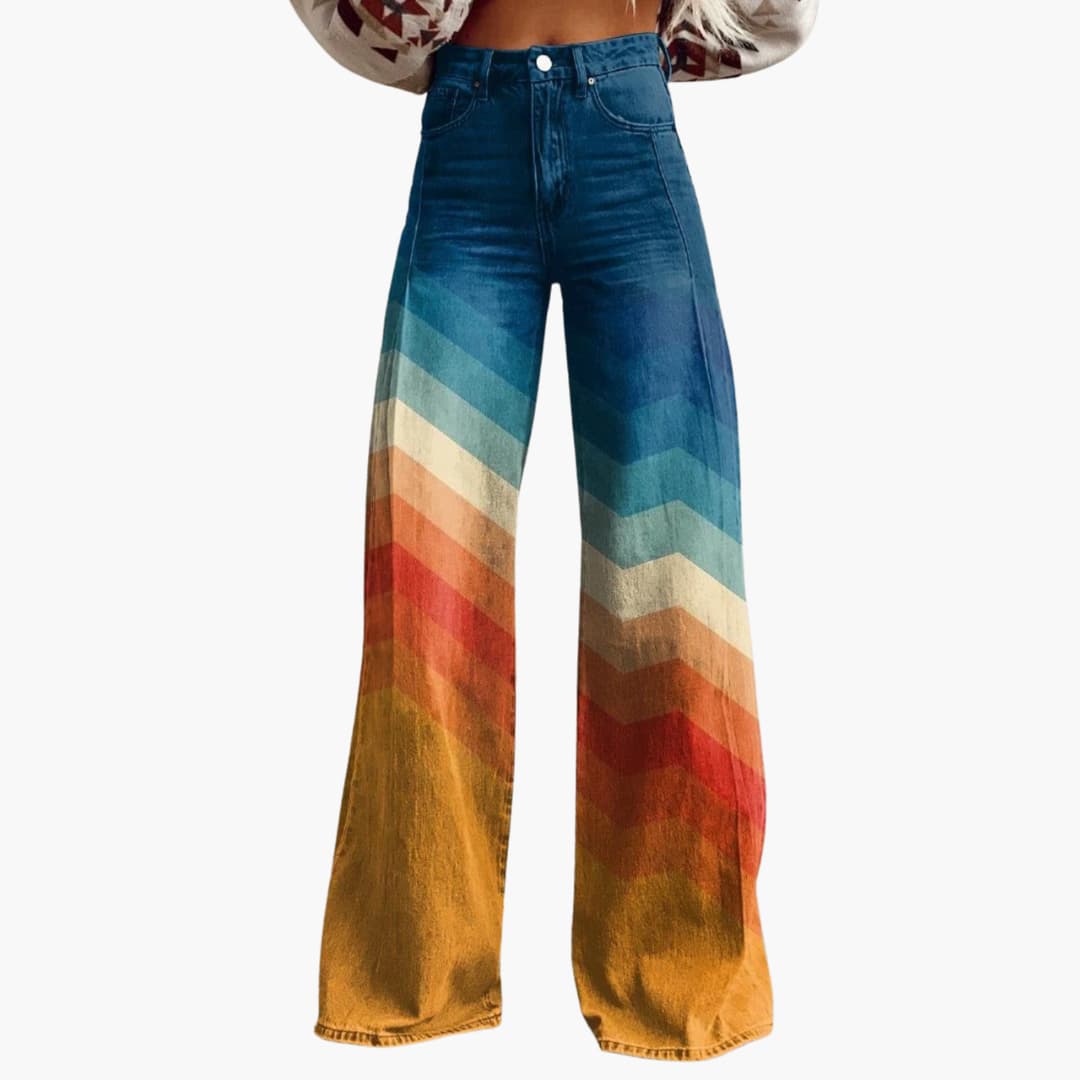 Women's Chevron Print High-Waisted Wide-Leg Trousers in Blue