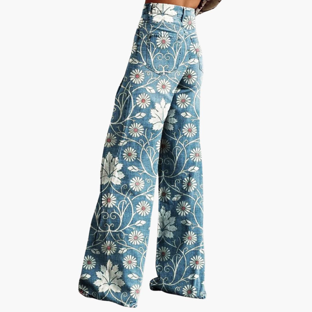 Women's Floral Print Pull-On Wide-Leg Trousers in Blue