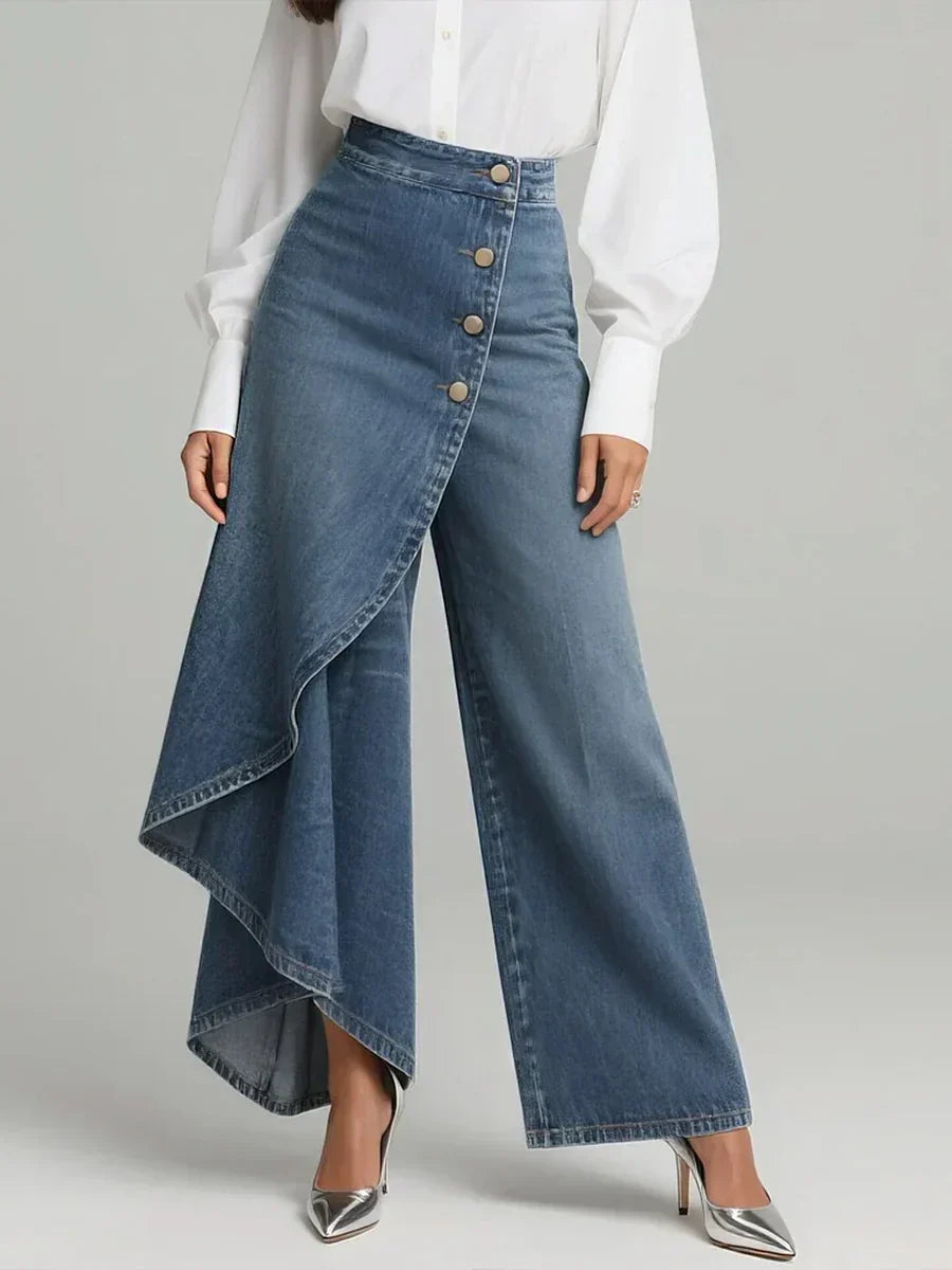 Women's Button-Front Ruffle Denim Wide-Leg Trousers