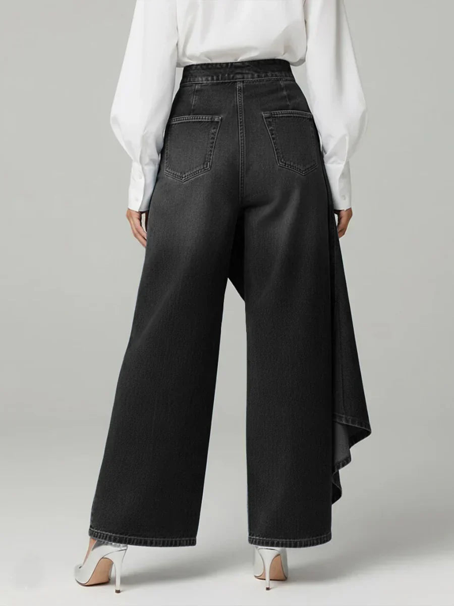 Women's Button-Front Ruffle Denim Wide-Leg Trousers