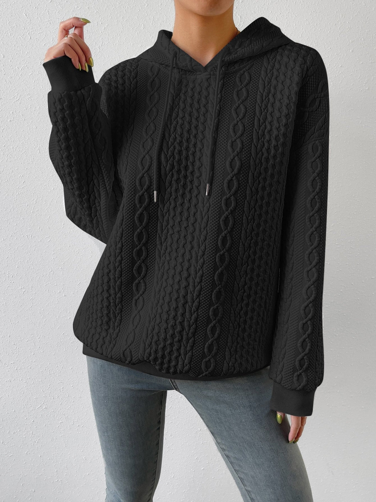 Women's Cable Knit Hooded Jumper with Drawstring