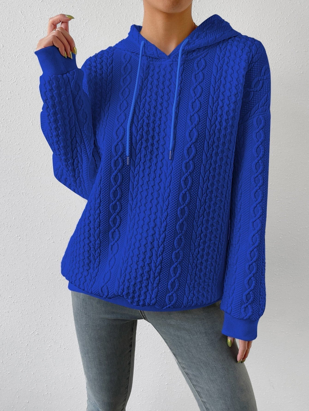 Women's Cable Knit Hooded Jumper with Drawstring