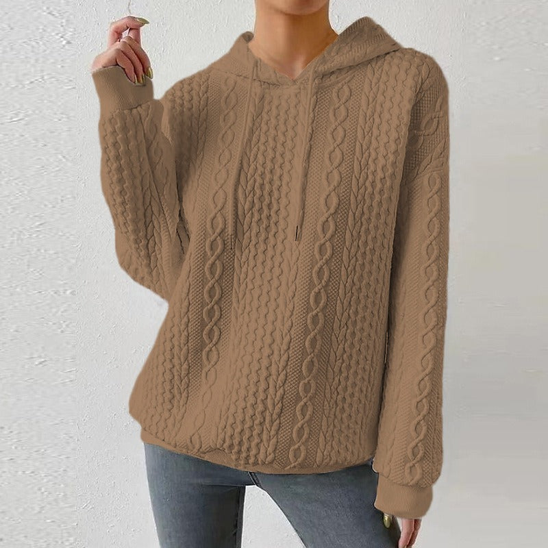 Women's Cable Knit Hooded Jumper with Drawstring