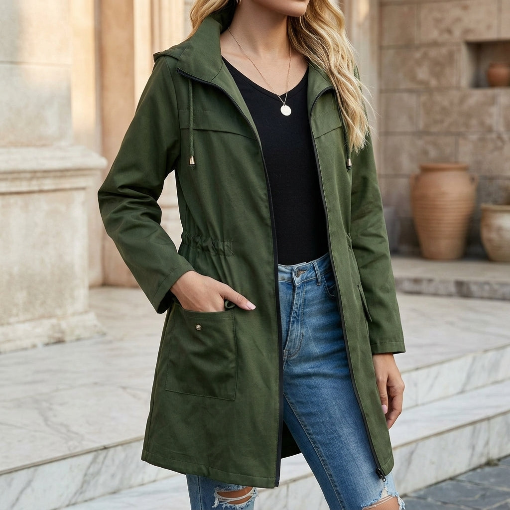Women's Hooded Longline Rain Jacket with Drawstring Waist