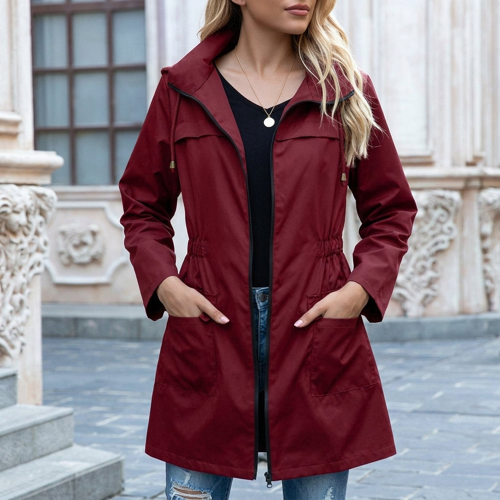 Women's Hooded Longline Rain Jacket with Drawstring Waist
