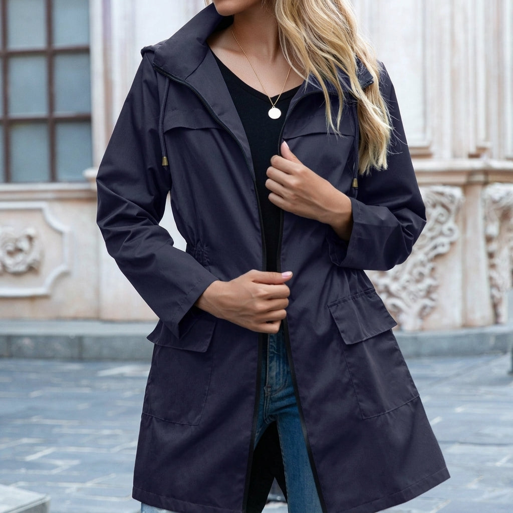 Women's Hooded Longline Rain Jacket with Drawstring Waist