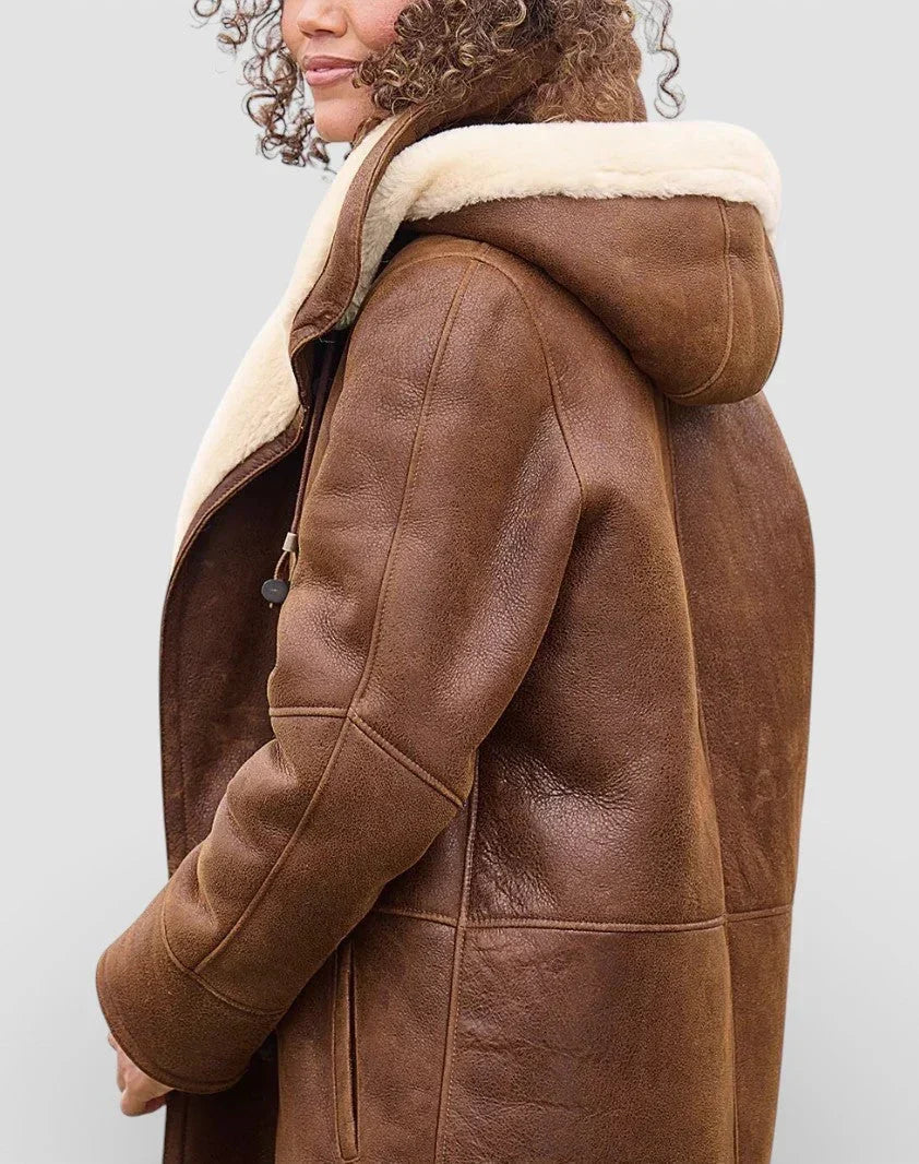 Women's Long Hooded Faux Shearling Toggle Coat in Brown
