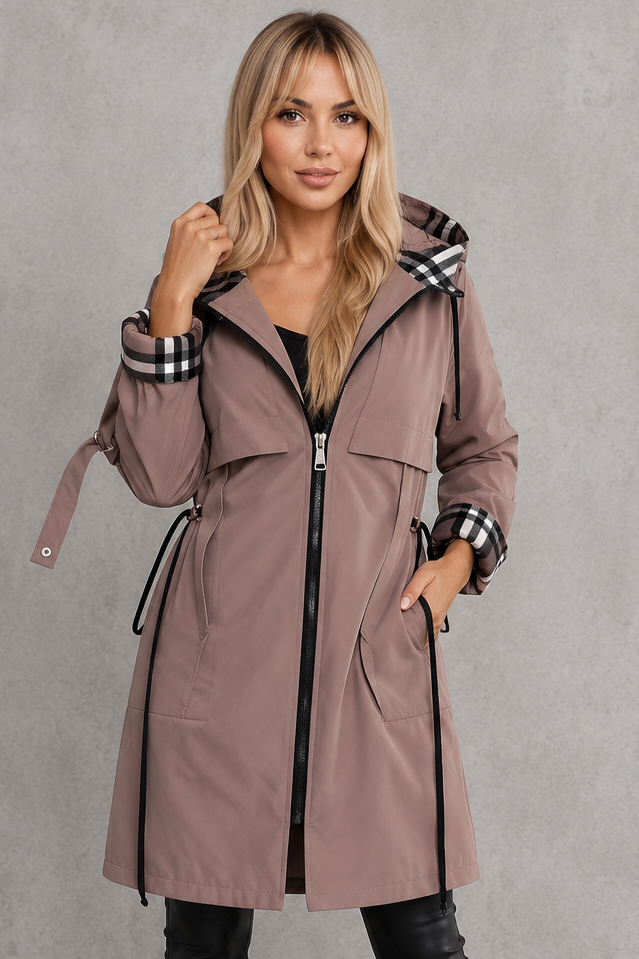 Women's Hooded Parka Jacket with Check Trim