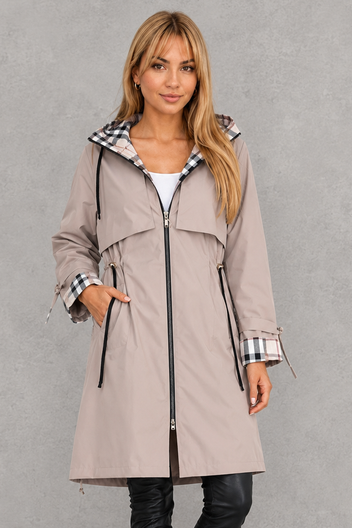 Women's Hooded Parka Jacket with Check Trim