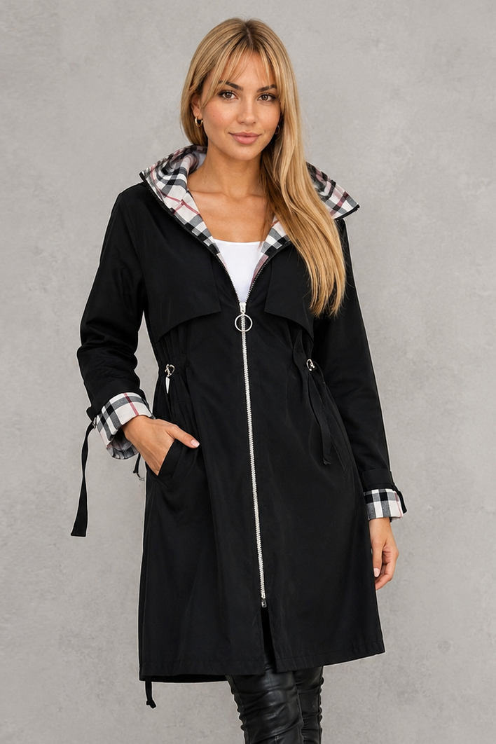 Women's Hooded Parka Jacket with Check Trim