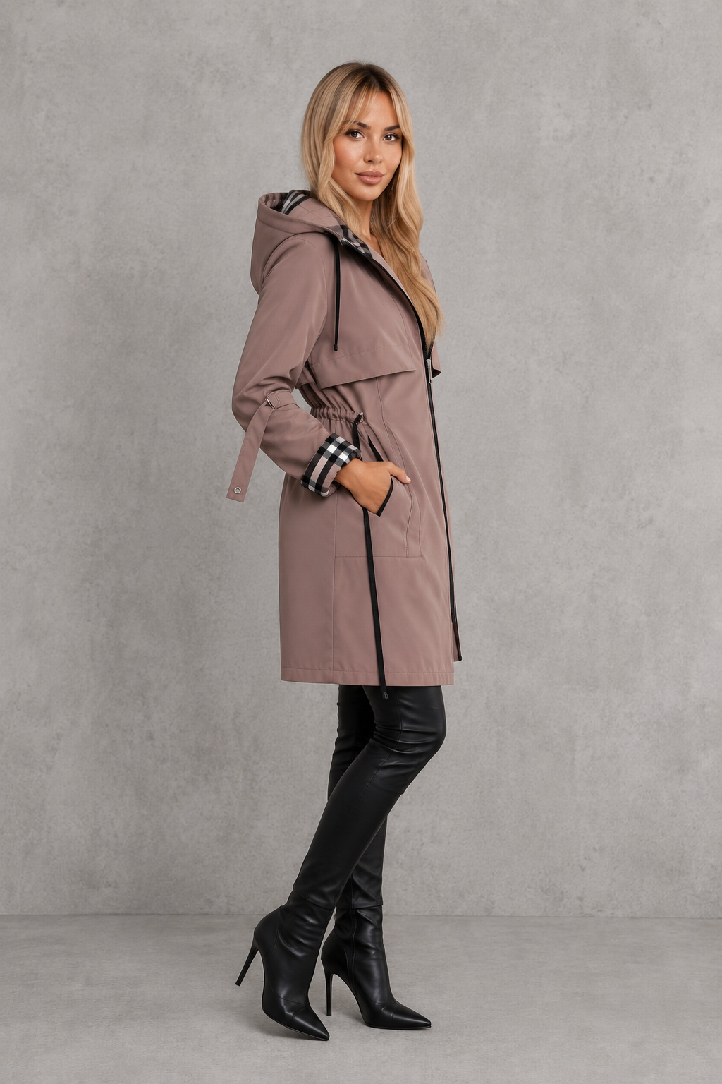 Women's Hooded Parka Jacket with Check Trim