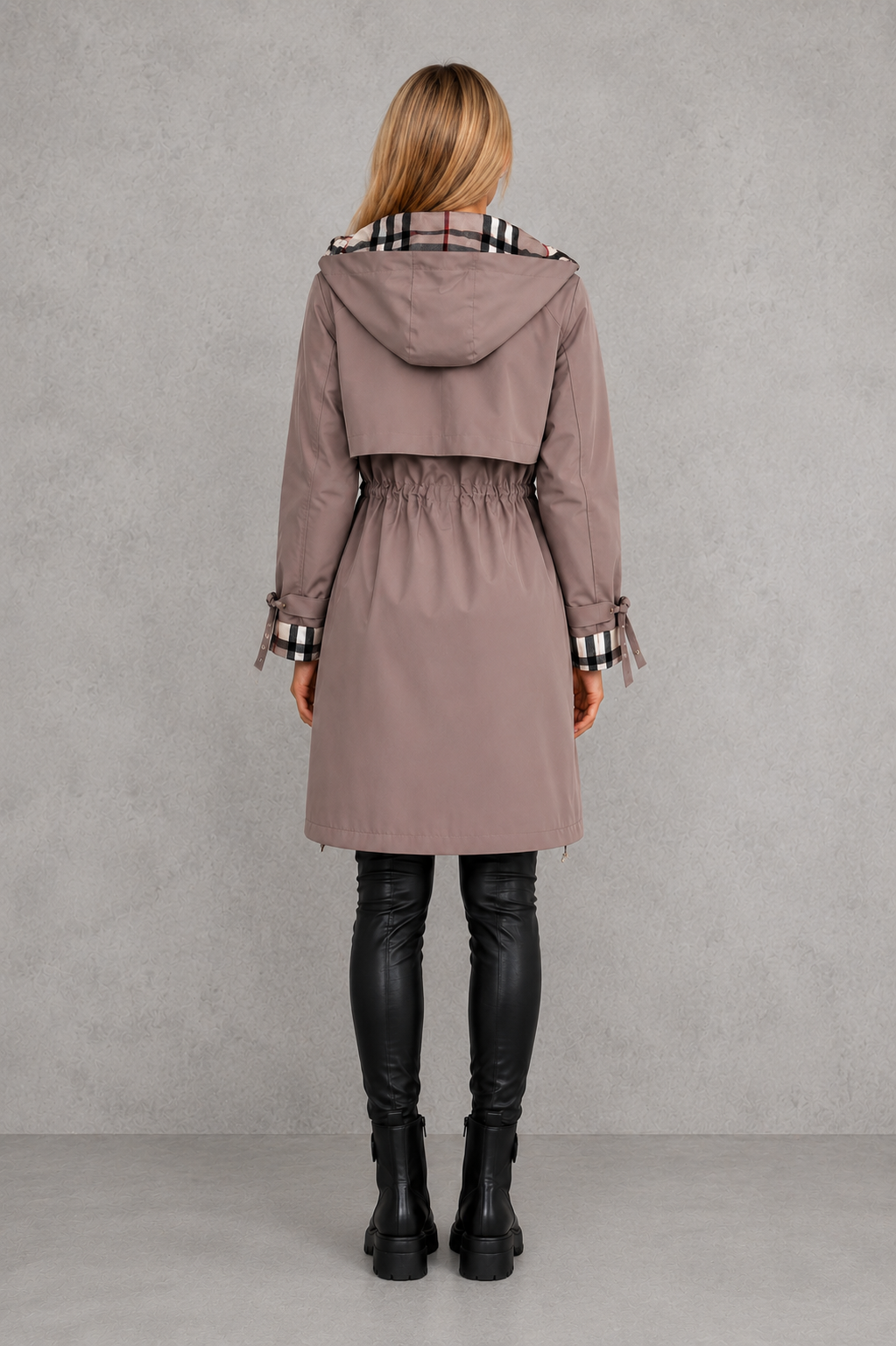 Women's Hooded Parka Jacket with Check Trim