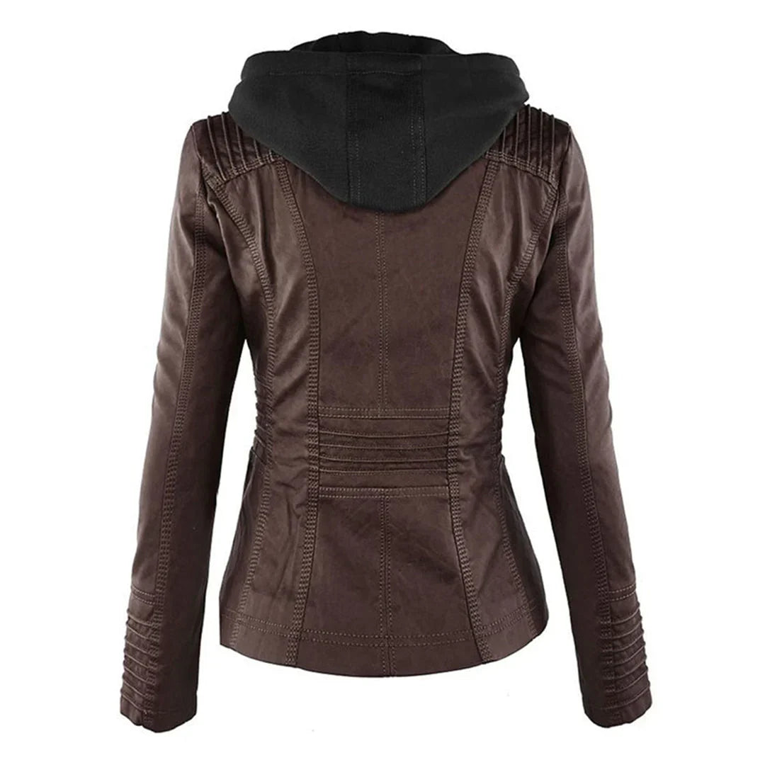Women's Hooded Zip-Front Faux Leather Moto Jacket