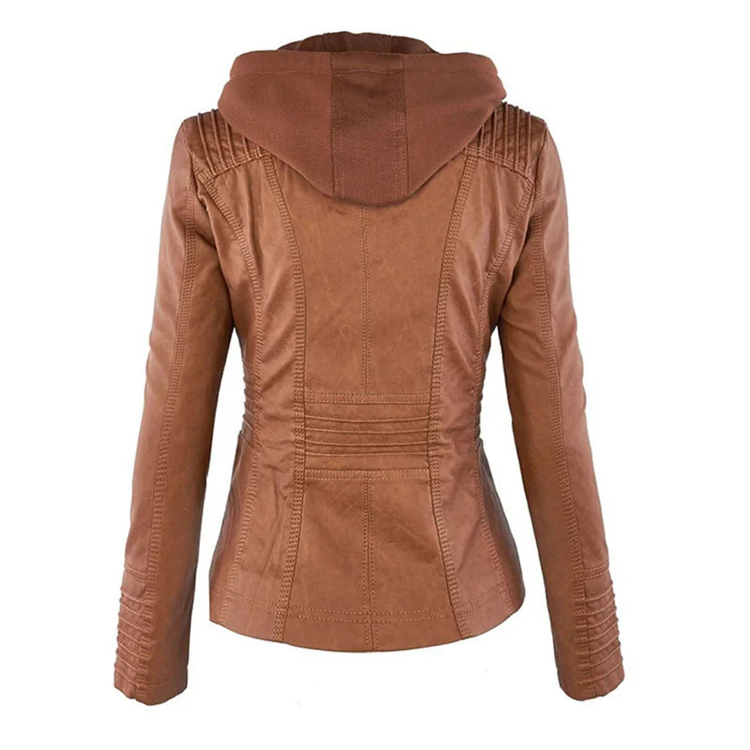 Women's Hooded Zip-Front Faux Leather Moto Jacket