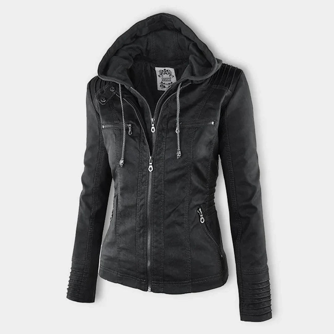 Women's Hooded Zip-Front Faux Leather Moto Jacket
