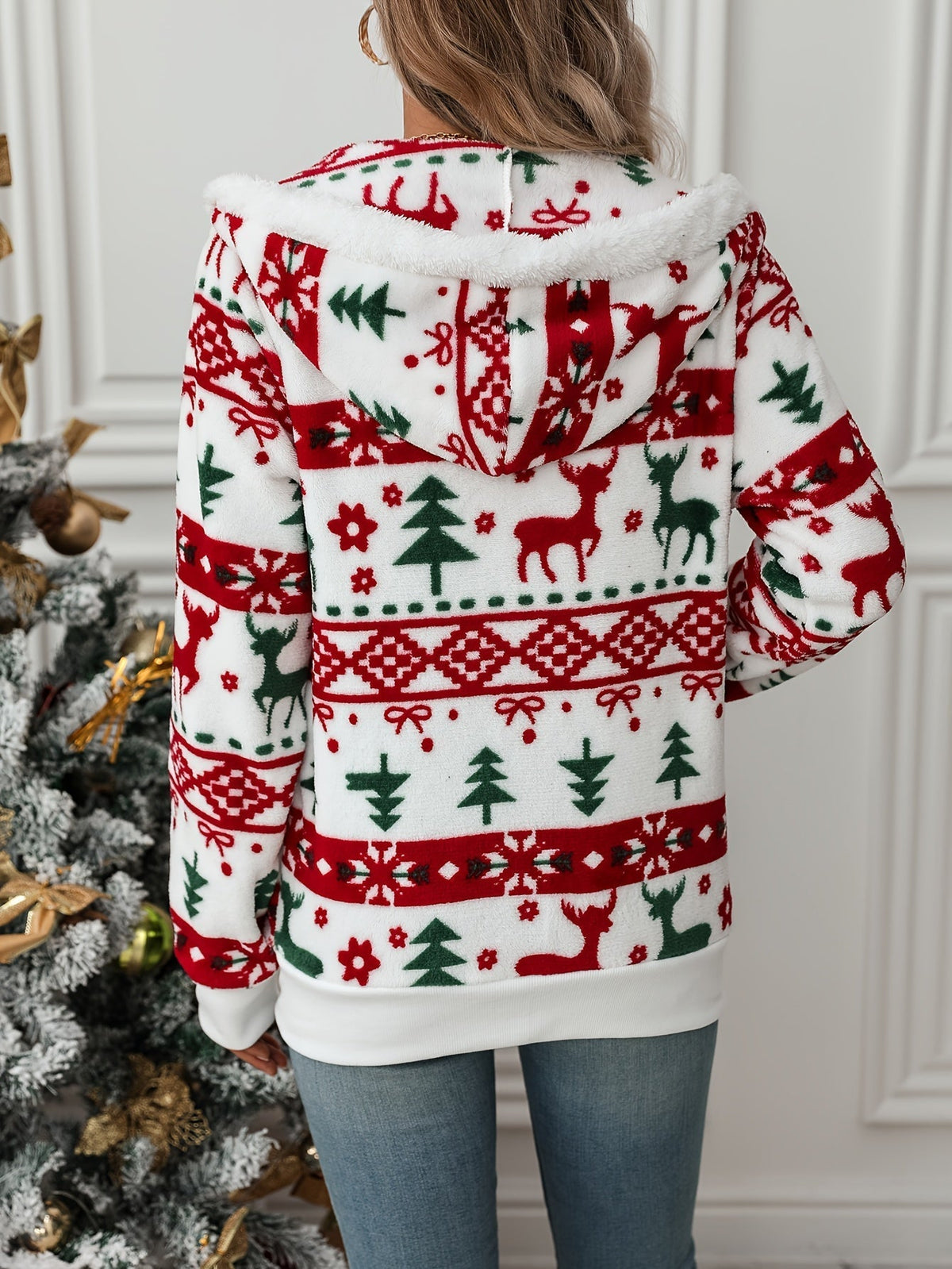 Women's Christmas Cardigan Fair Isle Reindeer Hooded Zip