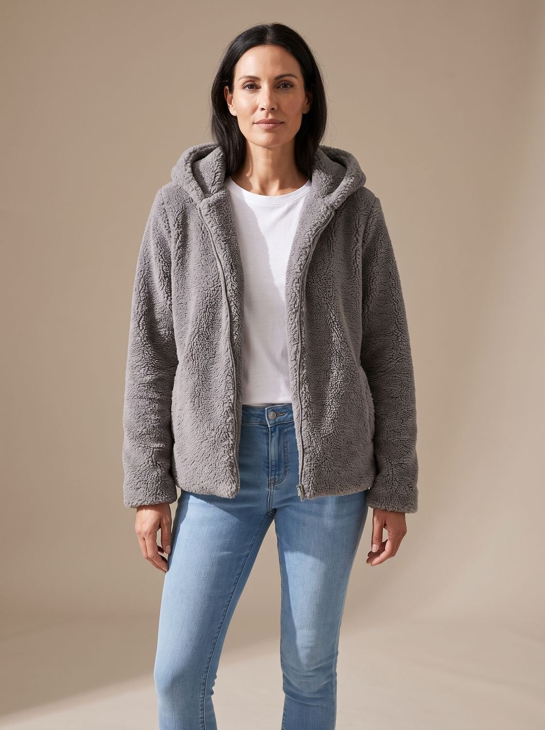 Women's Hooded Zip-Up Faux Fur Teddy Jacket