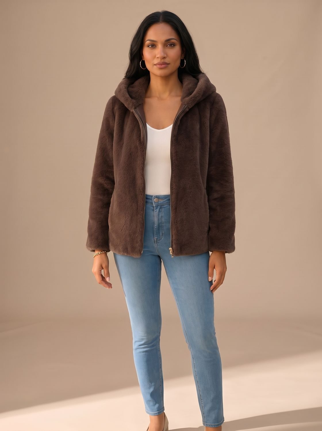 Women's Hooded Zip-Up Faux Fur Teddy Jacket