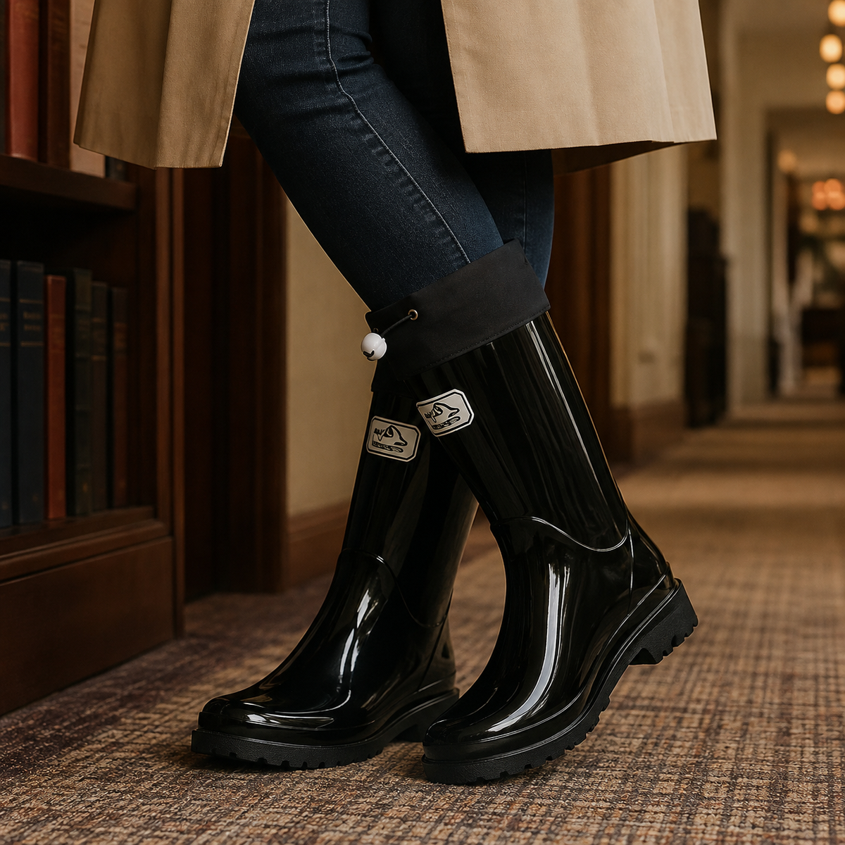 Women's Glossy Rubber Drawstring Cuff Wellington Boots