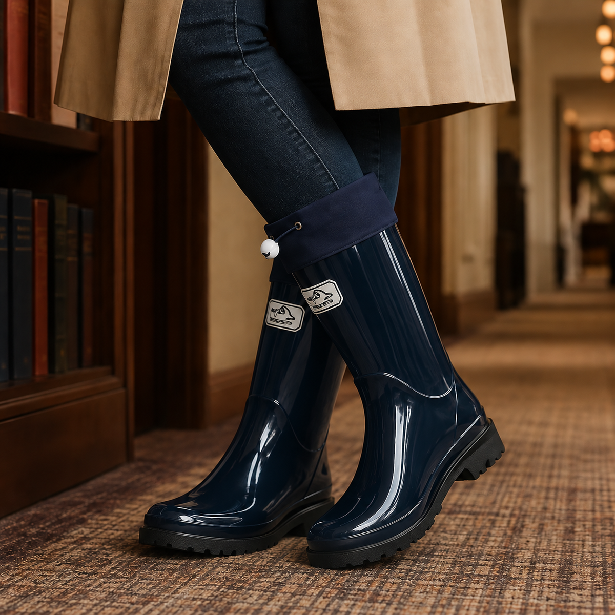 Women's Glossy Rubber Drawstring Cuff Wellington Boots