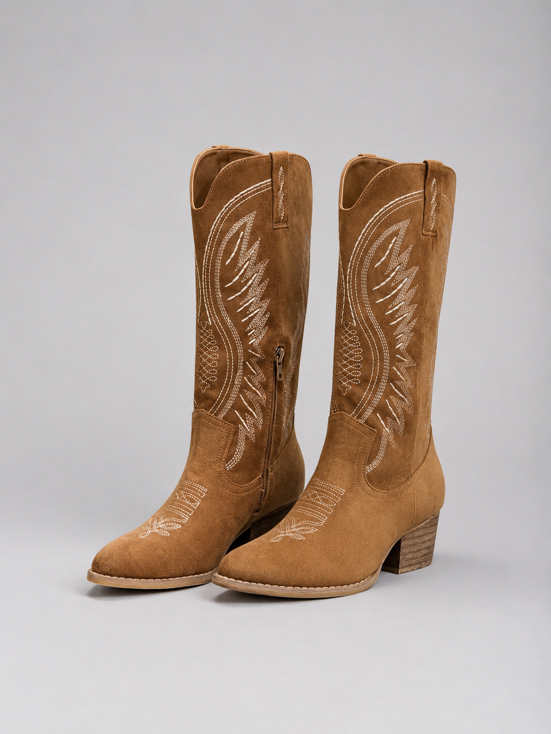 Women's Pointed Toe Block Heel Faux Suede Knee-High Cowboy Boots