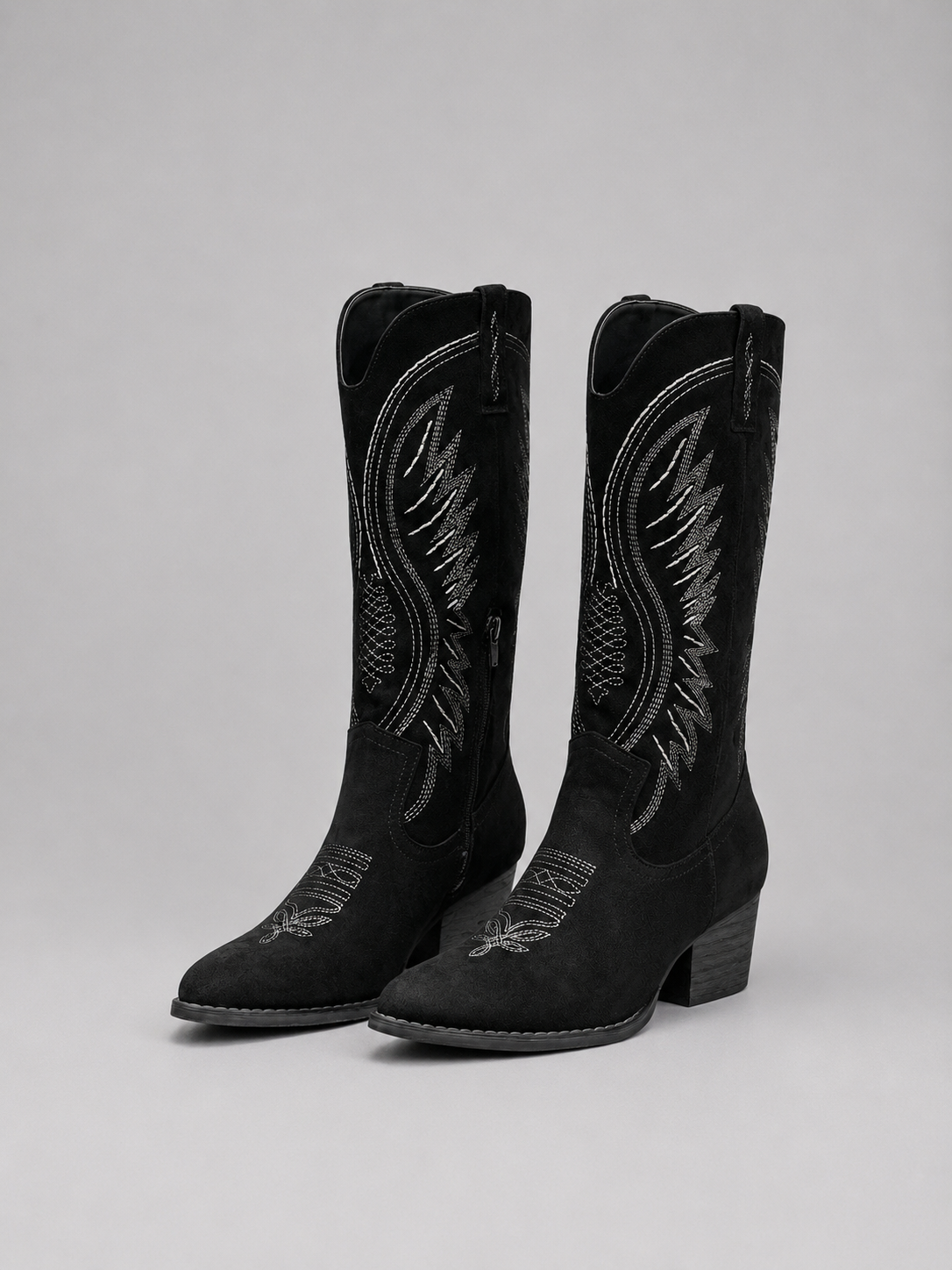 Women's Pointed Toe Block Heel Faux Suede Knee-High Cowboy Boots