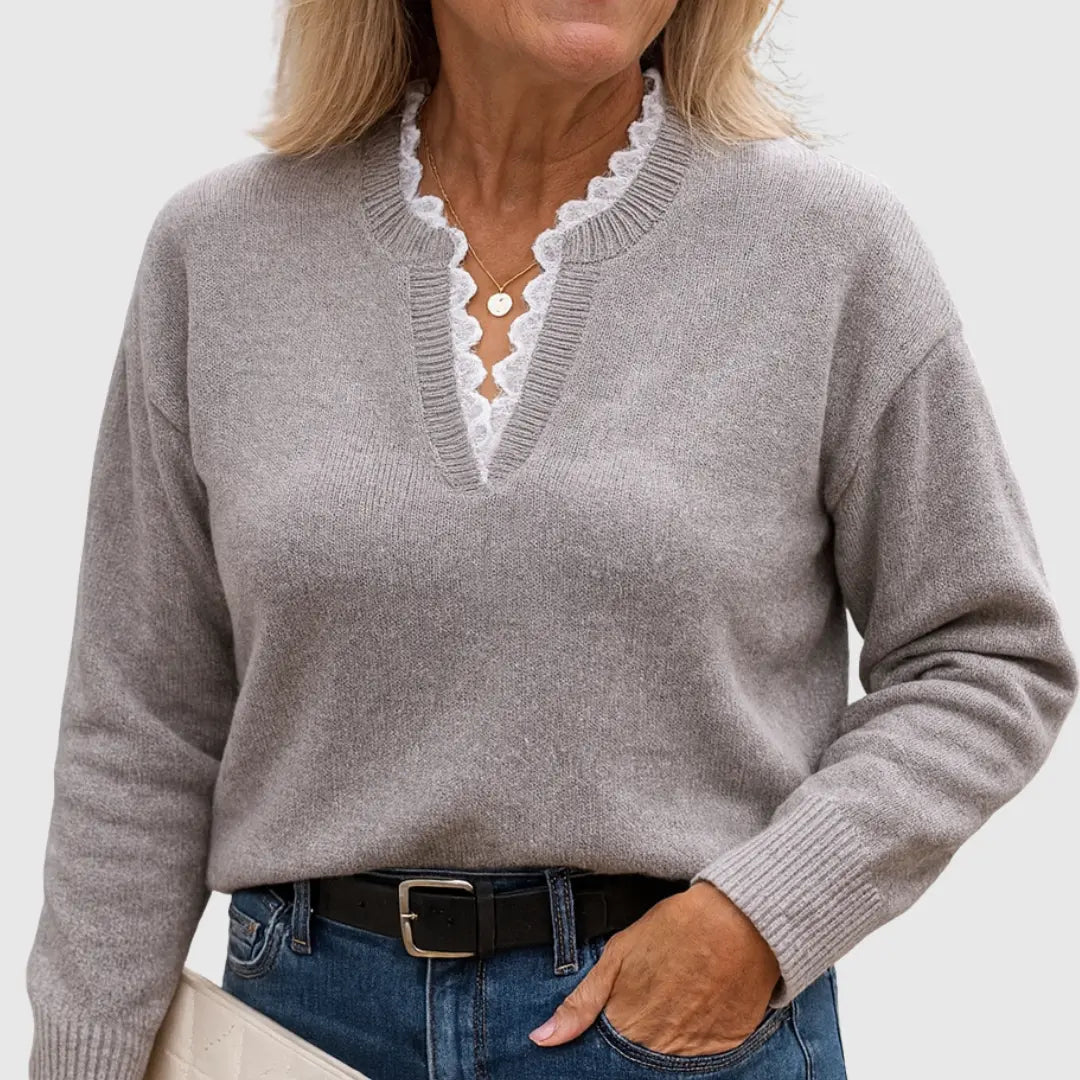 Women's V-Neck Knit Jumper with Lace Trim