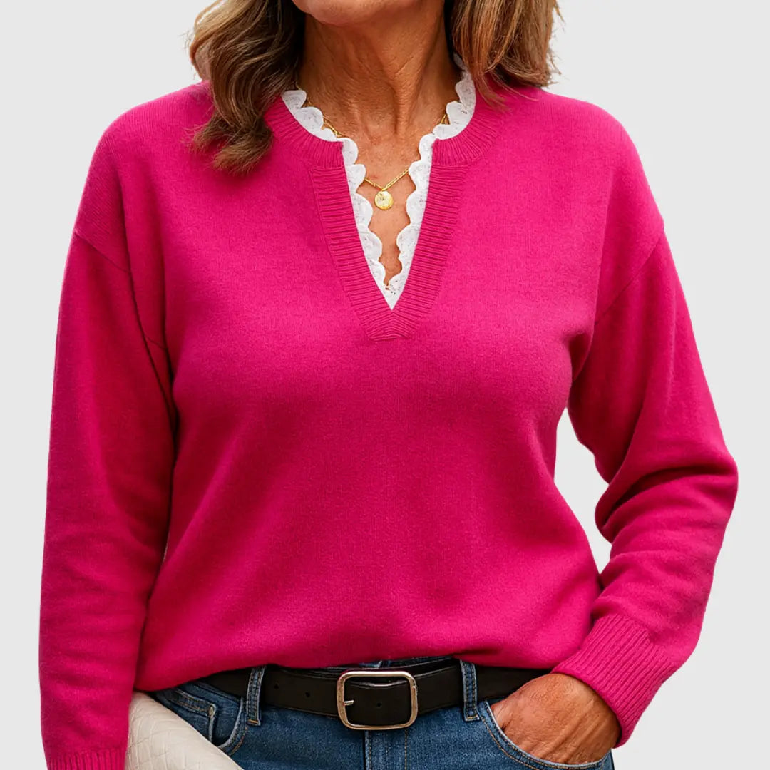 Women's V-Neck Knit Jumper with Lace Trim