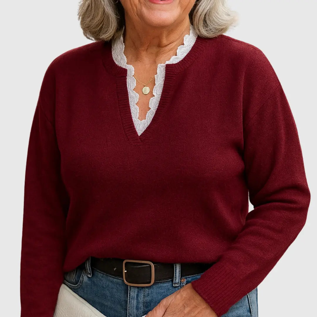 Women's V-Neck Knit Jumper with Lace Trim