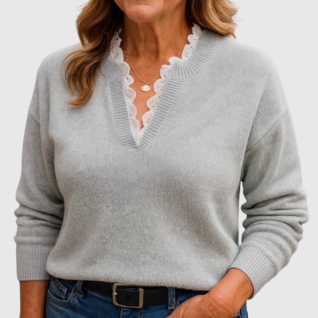 Women's V-Neck Knit Jumper with Lace Trim