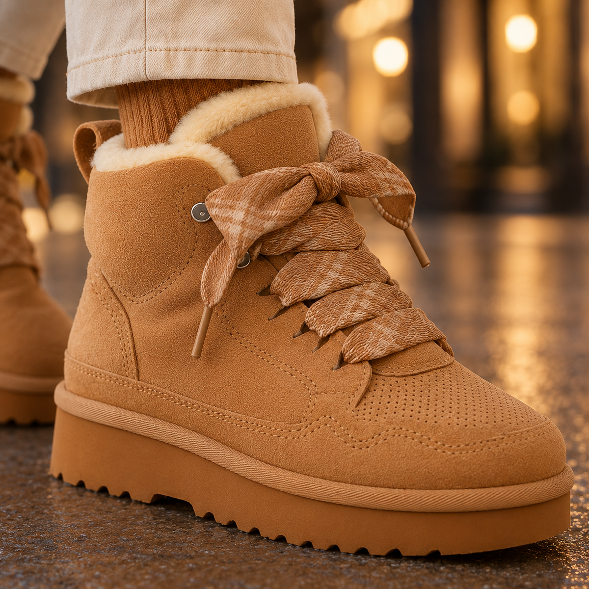 Women's Platform Faux Suede Lace-Up Ankle Boots with Ribbon Laces