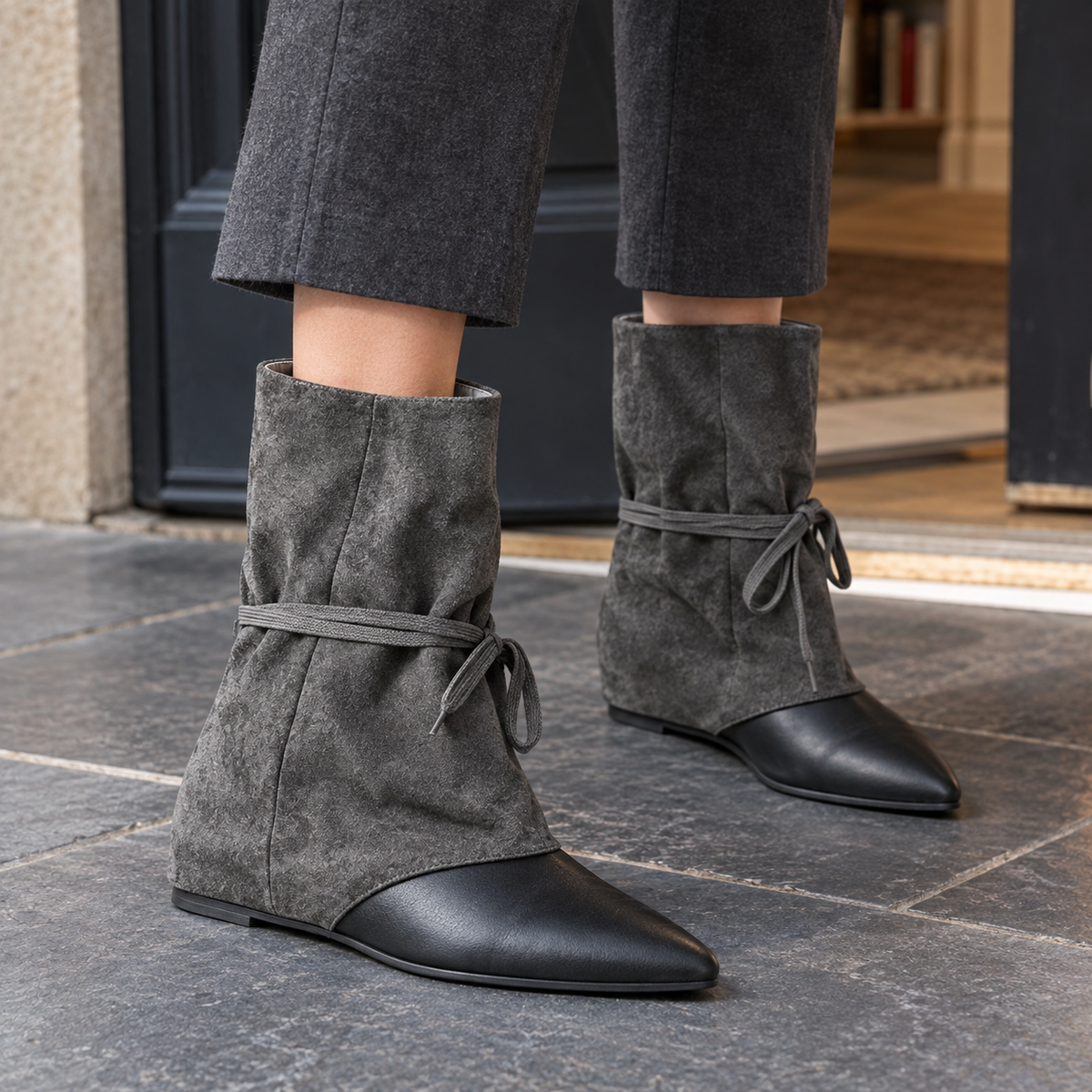 Women's Pointed Toe Faux Suede Wedge Ankle Boots with Wrap Ties