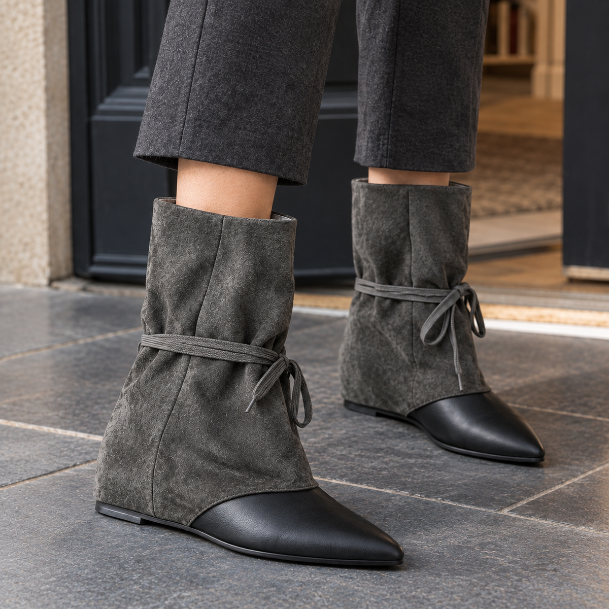 Women's Pointed Toe Faux Suede Wedge Ankle Boots with Wrap Ties