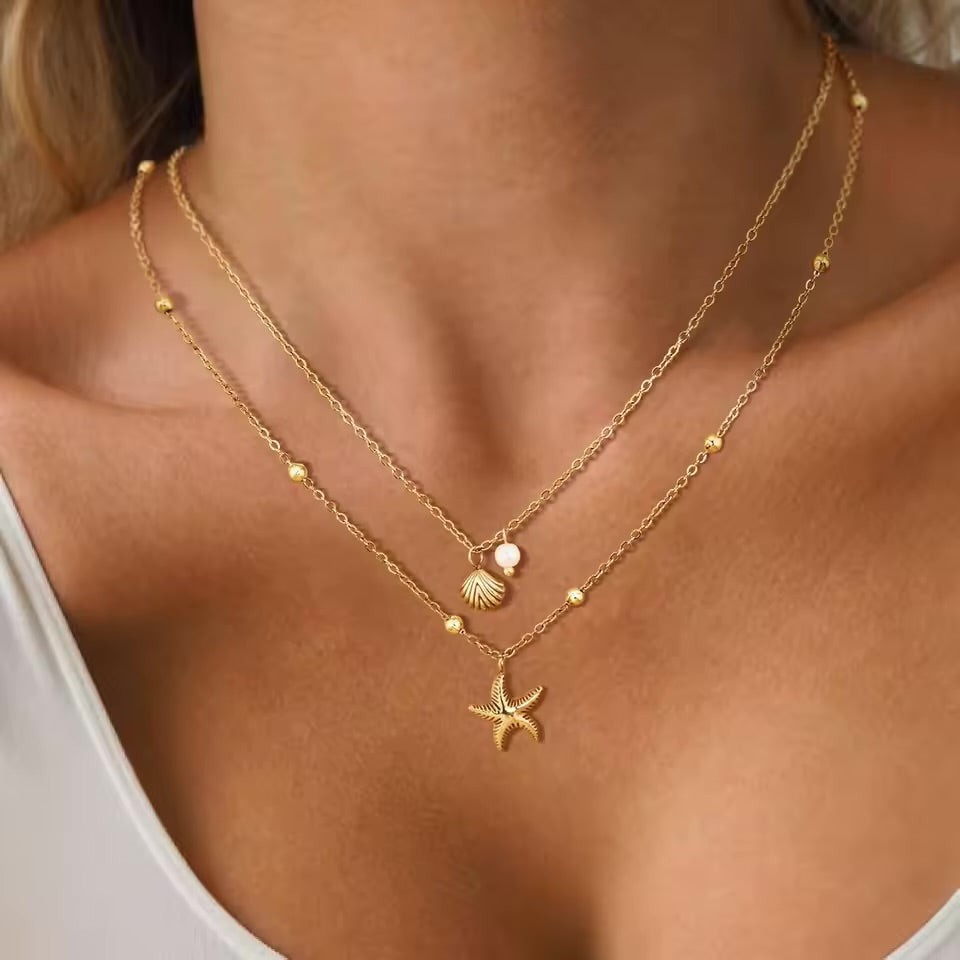 Women's Layered Starfish and Pearl Necklace