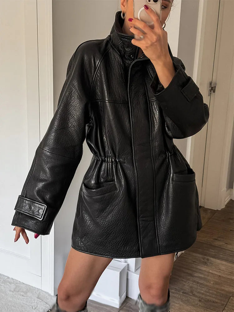 Women's Faux Leather Drawstring Waist Jacket in Black
