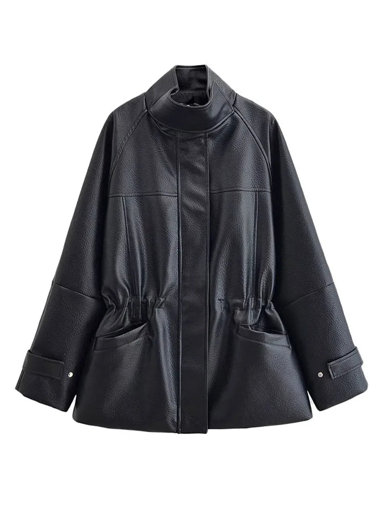 Women's Faux Leather Drawstring Waist Jacket in Black