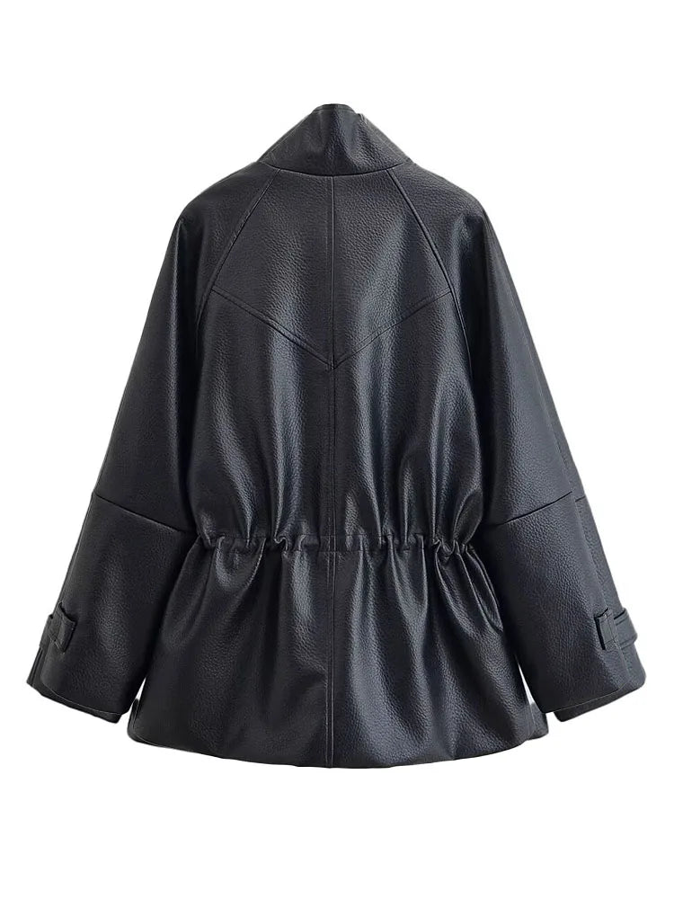 Women's Faux Leather Drawstring Waist Jacket in Black