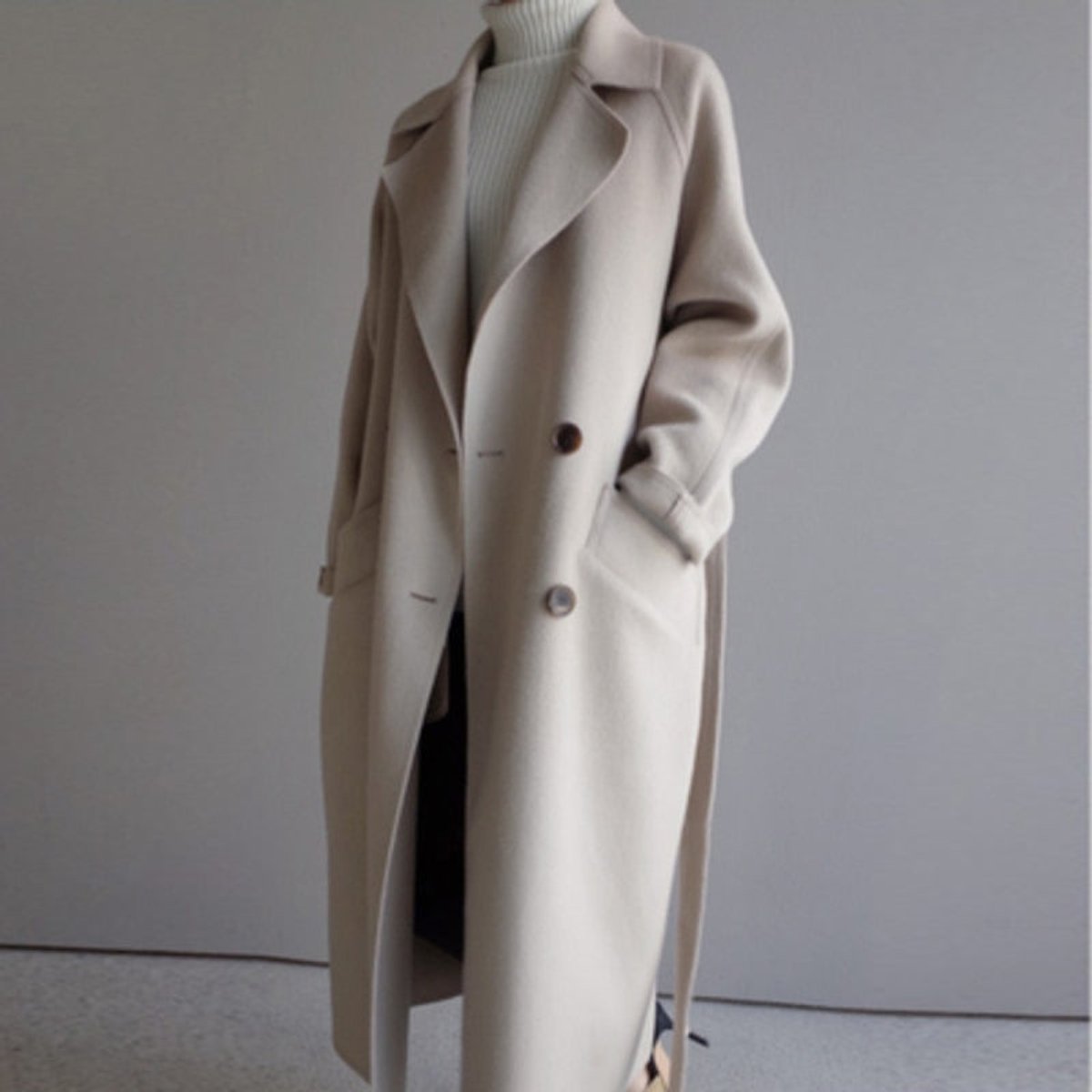 Women's Longline Double-Breasted Belted Wool-Look Coat