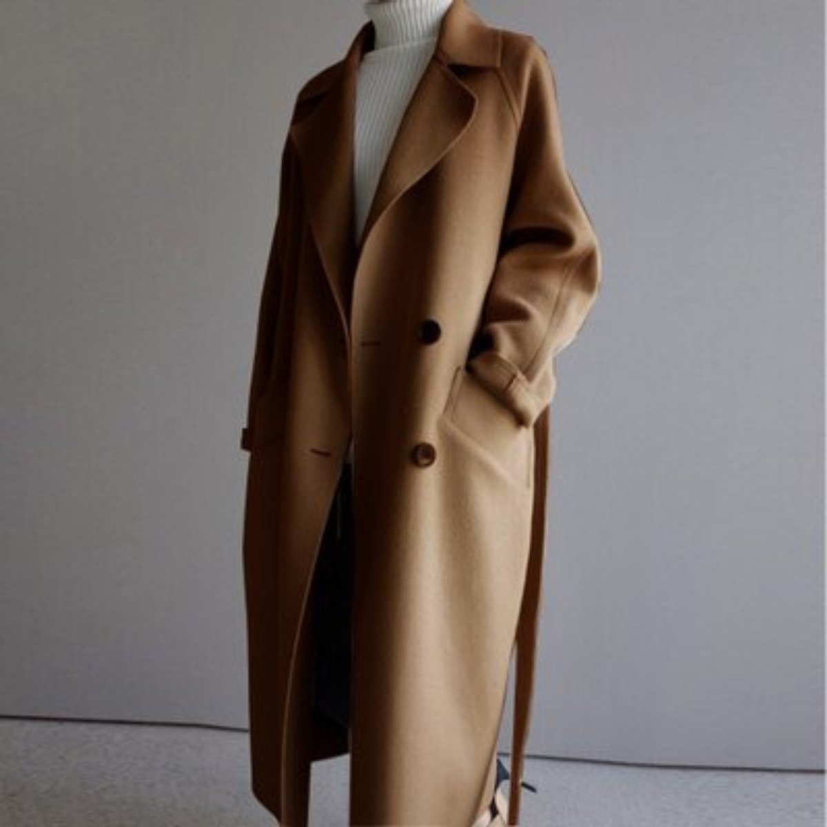 Women's Longline Double-Breasted Belted Wool-Look Coat