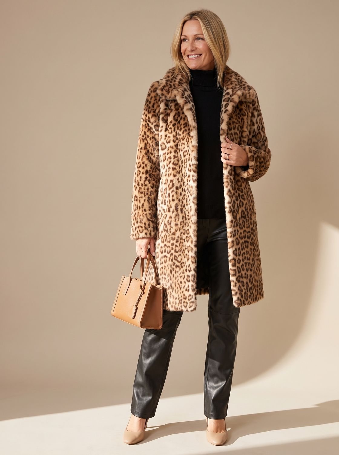 Women's Leopard Print Faux Fur Mid-Length Winter Coat