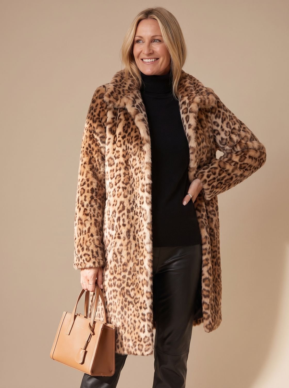 Women's Leopard Print Faux Fur Mid-Length Winter Coat