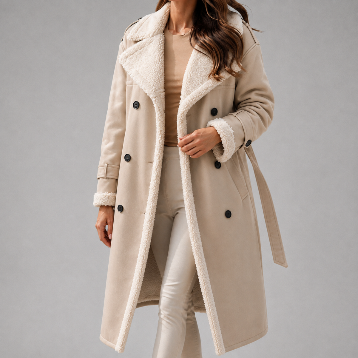 Women's Belted Faux Shearling Coat with Contrast Collar and Cuffs