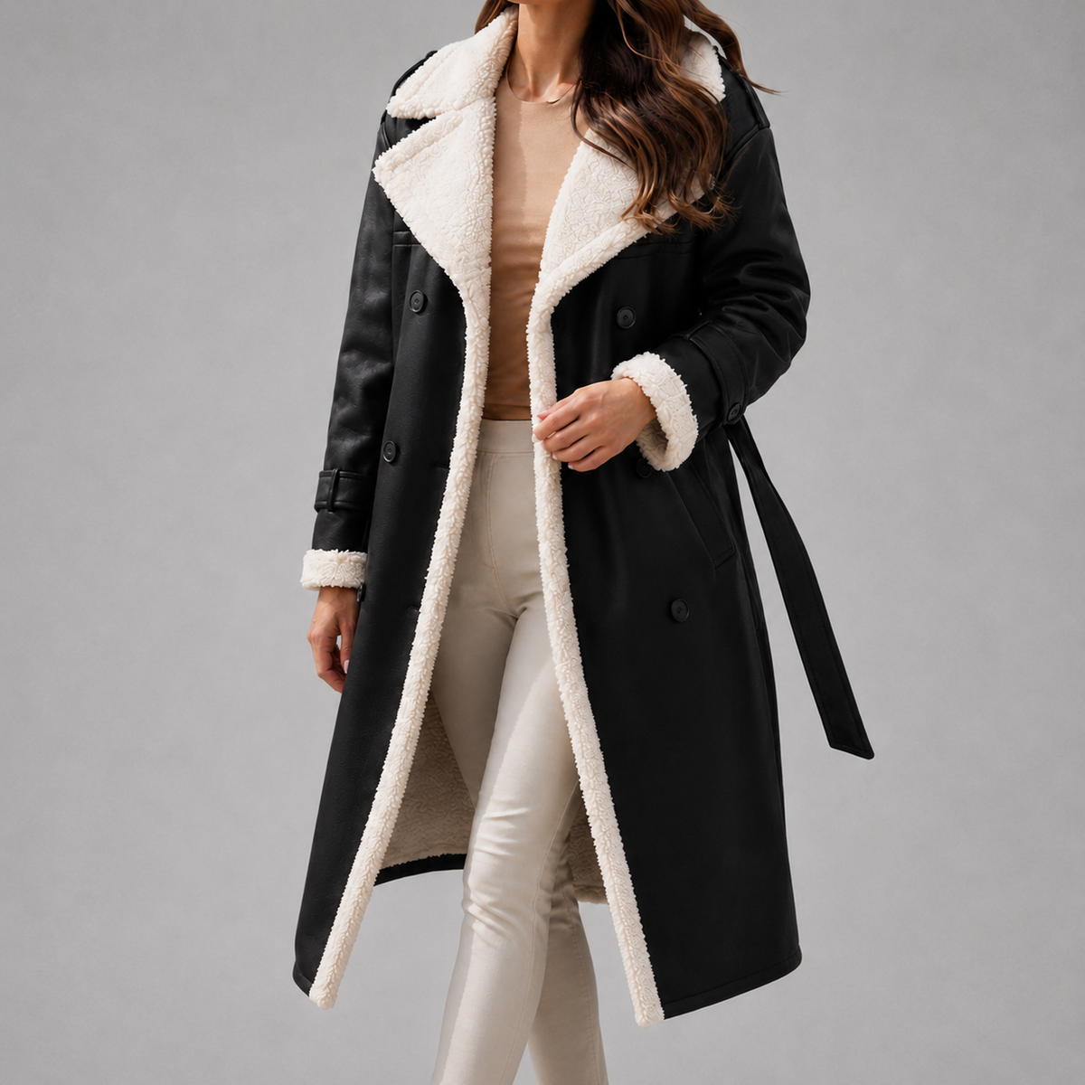 Women's Belted Faux Shearling Coat with Contrast Collar and Cuffs