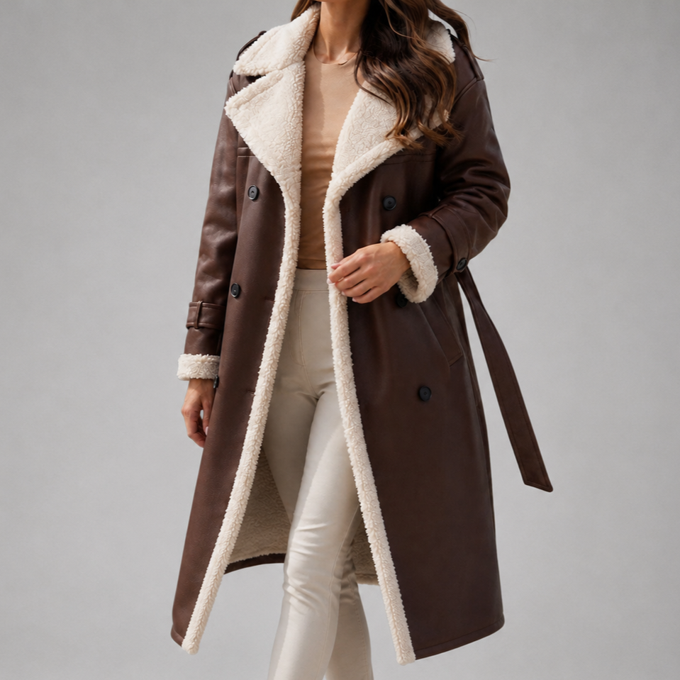 Women's Belted Faux Shearling Coat with Contrast Collar and Cuffs